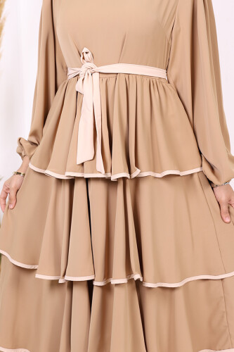 Waist Belted Layer Detail Dress 6029 Mink - 6