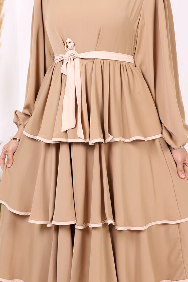 Waist Belted Layer Detail Dress 6029 Mink - 6