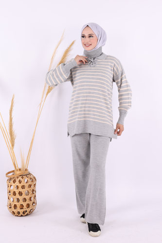 Yaka Bağlama Detaylı Tunik Ve Pantolon İkili Triko Takım 2-1515 Gri - Bym Fashion