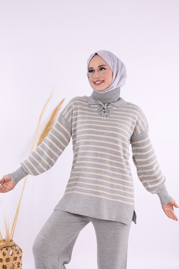 Yaka Bağlama Detaylı Tunik Ve Pantolon İkili Triko Takım 2-1515 Gri - 4