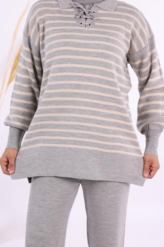 Yaka Bağlama Detaylı Tunik Ve Pantolon İkili Triko Takım 2-1515 Gri - 5