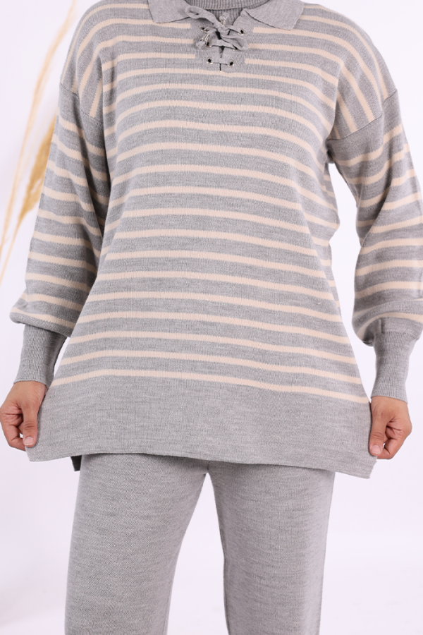 Yaka Bağlama Detaylı Tunik Ve Pantolon İkili Triko Takım 2-1515 Gri - 5
