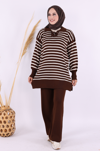 Yaka Bağlama Detaylı Tunik Ve Pantolon İkili Triko Takım 2-1515 Kahverengi - Bym Fashion