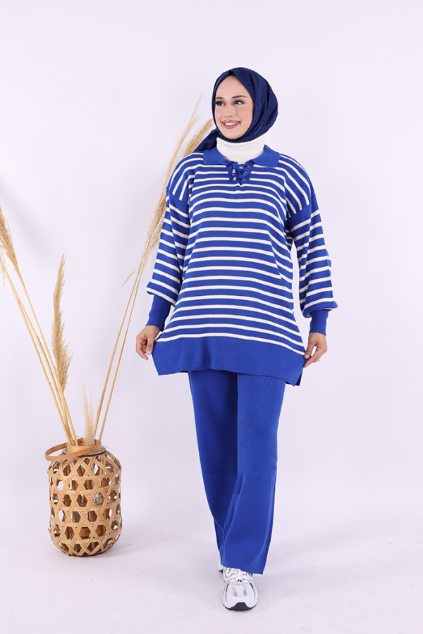 Yaka Bağlama Detaylı Tunik Ve Pantolon İkili Triko Takım 2-1515 Saks - 2