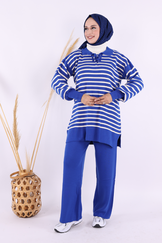 Yaka Bağlama Detaylı Tunik Ve Pantolon İkili Triko Takım 2-1515 Saks 