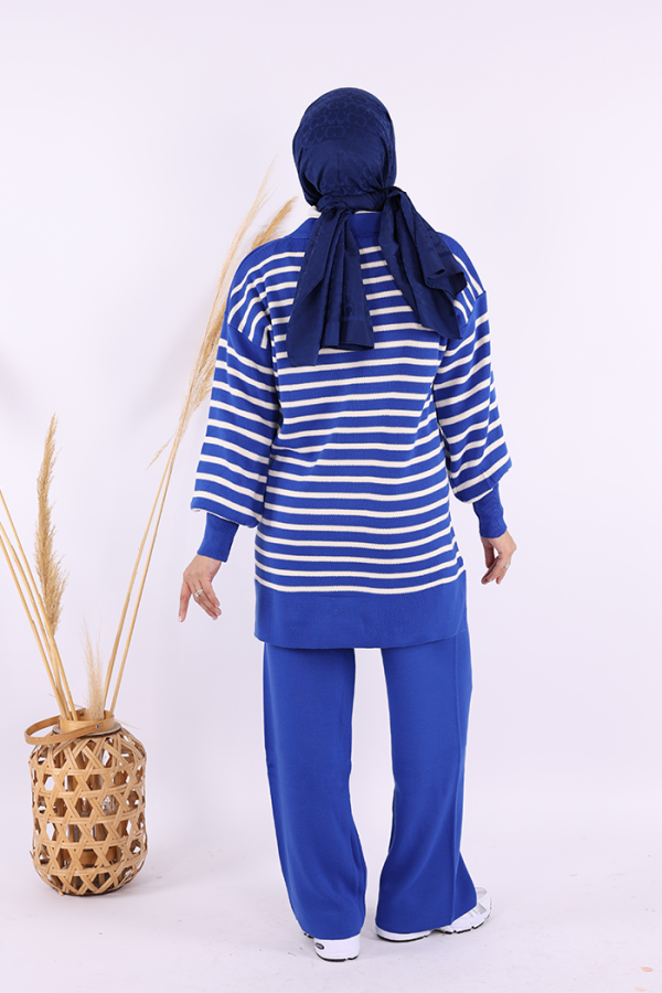 Yaka Bağlama Detaylı Tunik Ve Pantolon İkili Triko Takım 2-1515 Saks - 4