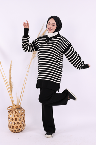 Yaka Bağlama Detaylı Tunik Ve Pantolon İkili Triko Takım 2-1515 Siyah - Bym Fashion