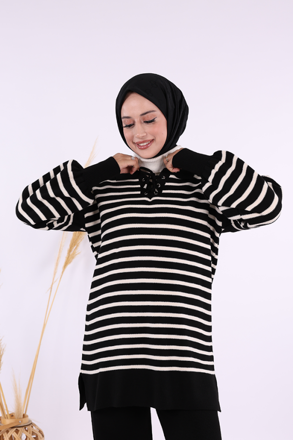 Yaka Bağlama Detaylı Tunik Ve Pantolon İkili Triko Takım 2-1515 Siyah - 5