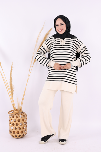 Yaka Bağlama Detaylı Tunik Ve Pantolon İkili Triko Takım 2-1515 Taş - Bym Fashion