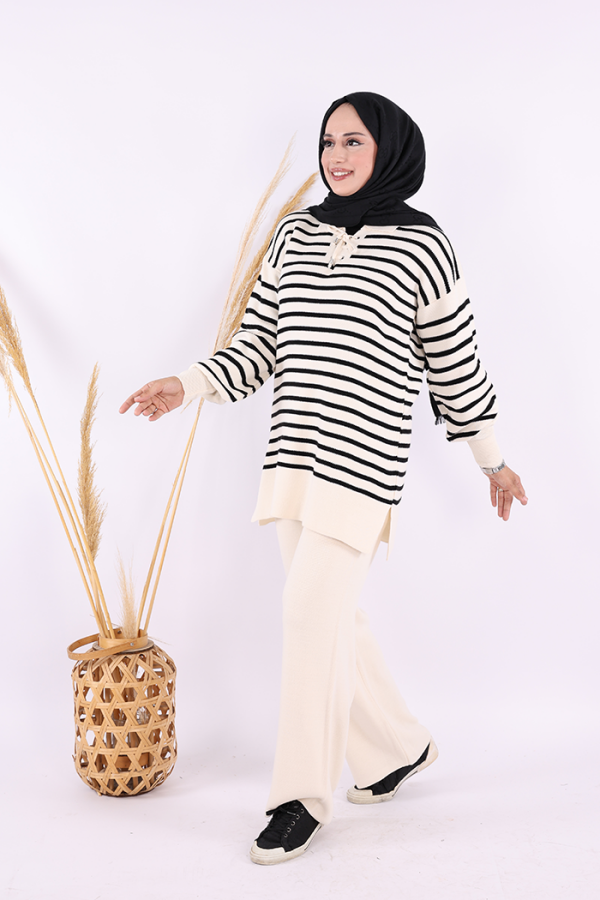 Yaka Bağlama Detaylı Tunik Ve Pantolon İkili Triko Takım 2-1515 Taş - 2