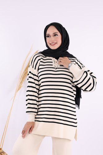 Yaka Bağlama Detaylı Tunik Ve Pantolon İkili Triko Takım 2-1515 Taş - 4