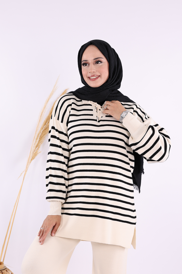 Yaka Bağlama Detaylı Tunik Ve Pantolon İkili Triko Takım 2-1515 Taş - 4