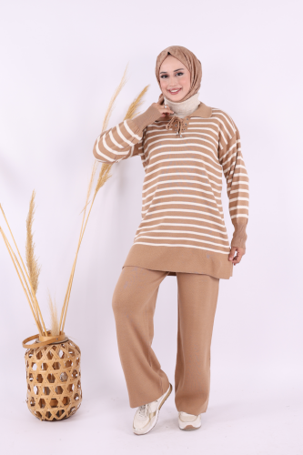 Yaka Bağlama Detaylı Tunik Ve Pantolon İkili Triko Takım 2-1515 Vizon - Bym Fashion