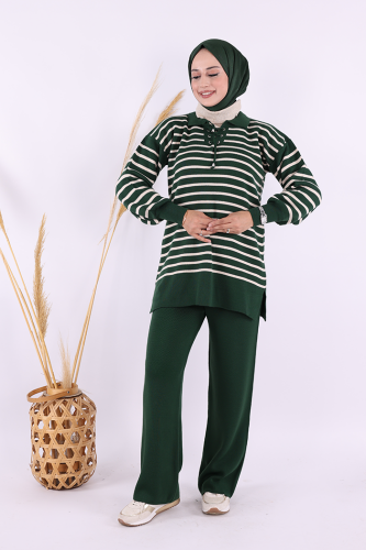 Yaka Bağlama Detaylı Tunik Ve Pantolon İkili Triko Takım 2-1515 Zümrüt - Bym Fashion