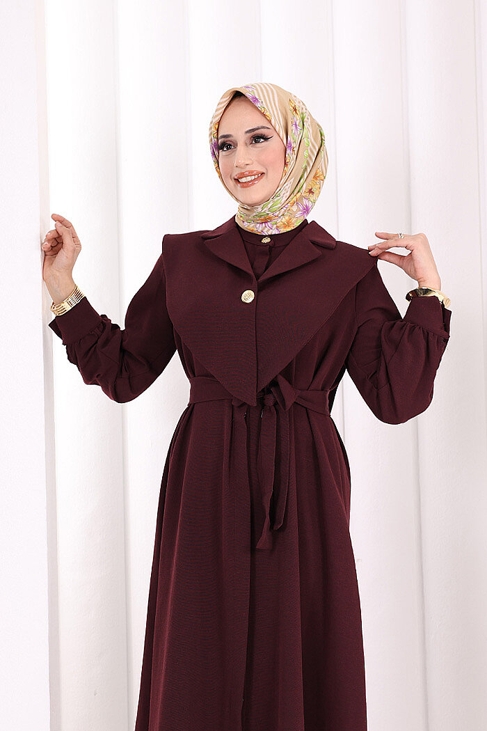 Yaka Detaylı Ferace Elbise 7066 Mürdüm - 5