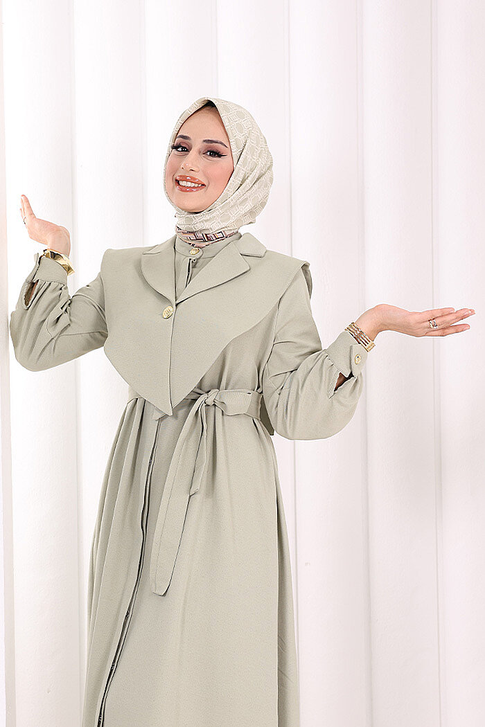 Yaka Detaylı Ferace Elbise 7066 Yağ Yeşili - 5