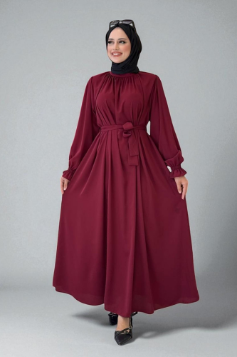 Yaka ve Kol Manşetleri Büzgü Görünümlü Kuşaklı Elbise 6014 Bordo - Bym Fashion