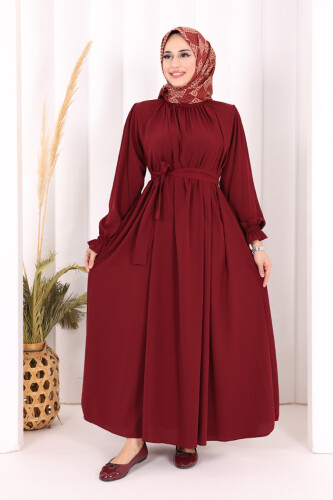Yaka ve Kol Manşetleri Büzgü Görünümlü Kuşaklı Elbise 6014 Bordo