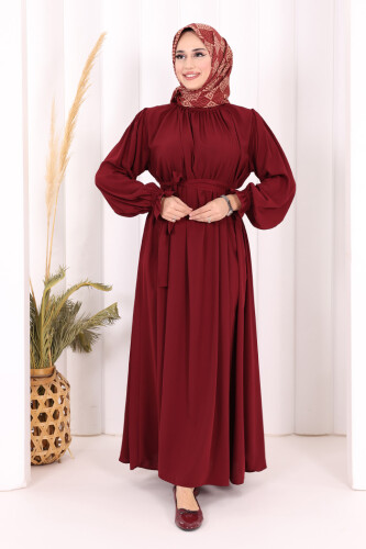 Yaka ve Kol Manşetleri Büzgü Görünümlü Kuşaklı Elbise 6014 Bordo - 2