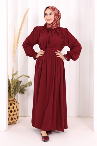 Yaka ve Kol Manşetleri Büzgü Görünümlü Kuşaklı Elbise 6014 Bordo - 3