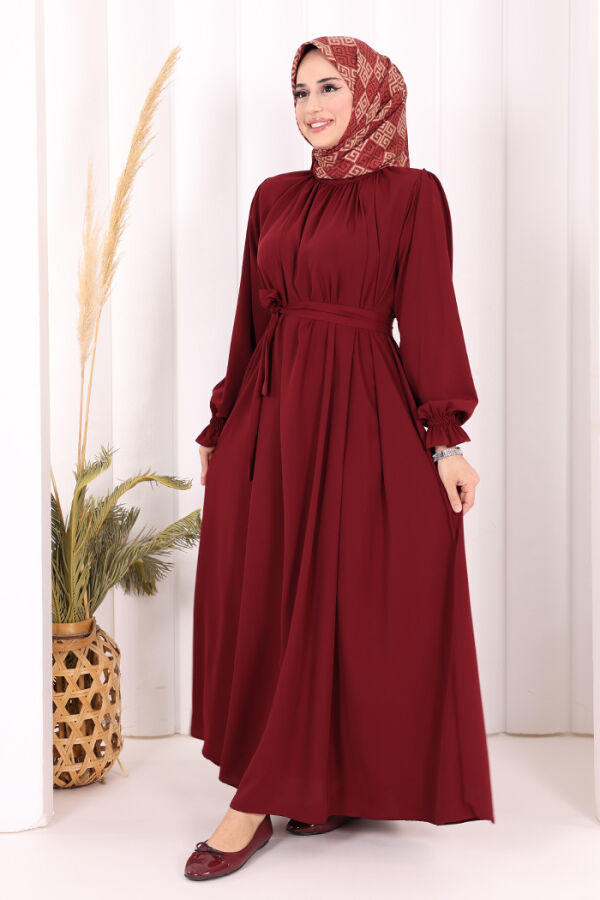 Yaka ve Kol Manşetleri Büzgü Görünümlü Kuşaklı Elbise 6014 Bordo - 4