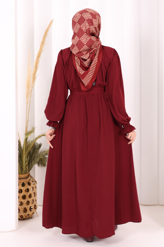 Yaka ve Kol Manşetleri Büzgü Görünümlü Kuşaklı Elbise 6014 Bordo - 5