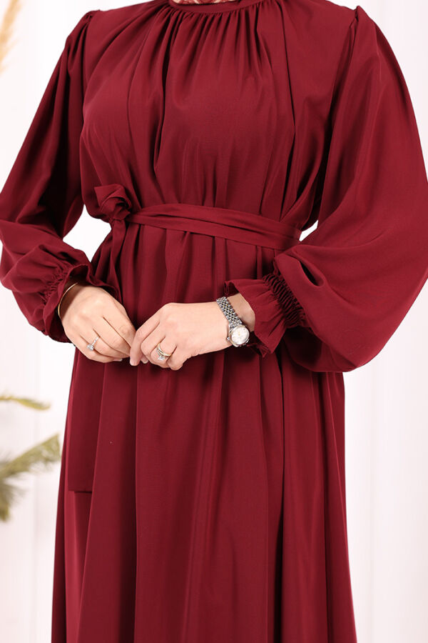 Yaka ve Kol Manşetleri Büzgü Görünümlü Kuşaklı Elbise 6014 Bordo - 7