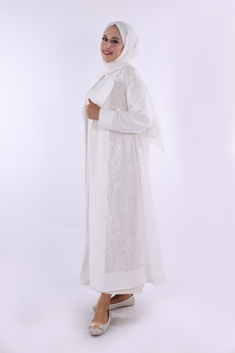 Yakalı Dantel Güpür Detay Abaya 7830 Ekru 