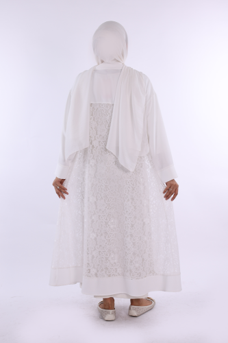 Yakalı Dantel Güpür Detay Abaya 7830 Ekru - 2