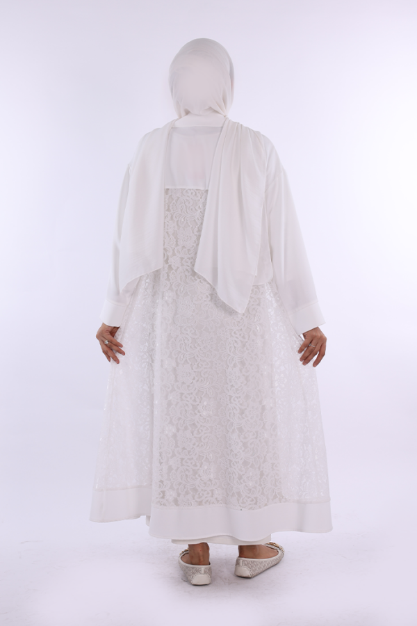 Yakalı Dantel Güpür Detay Abaya 7830 Ekru - 2