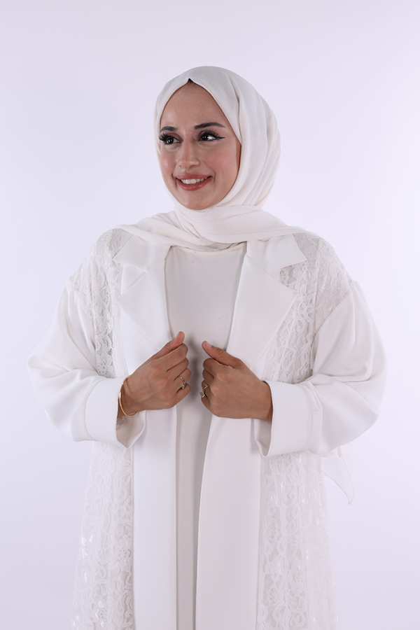 Yakalı Dantel Güpür Detay Abaya 7830 Ekru - 3