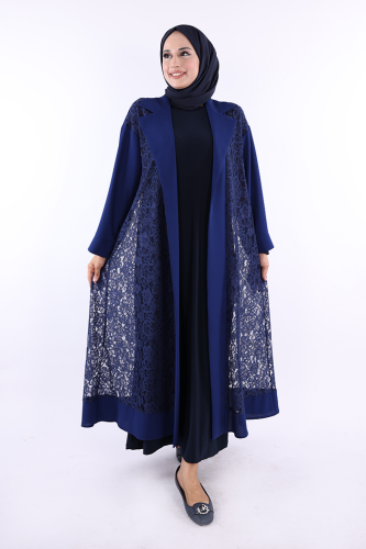 Yakalı Dantel Güpür Detay Abaya 7830 Lacivert 