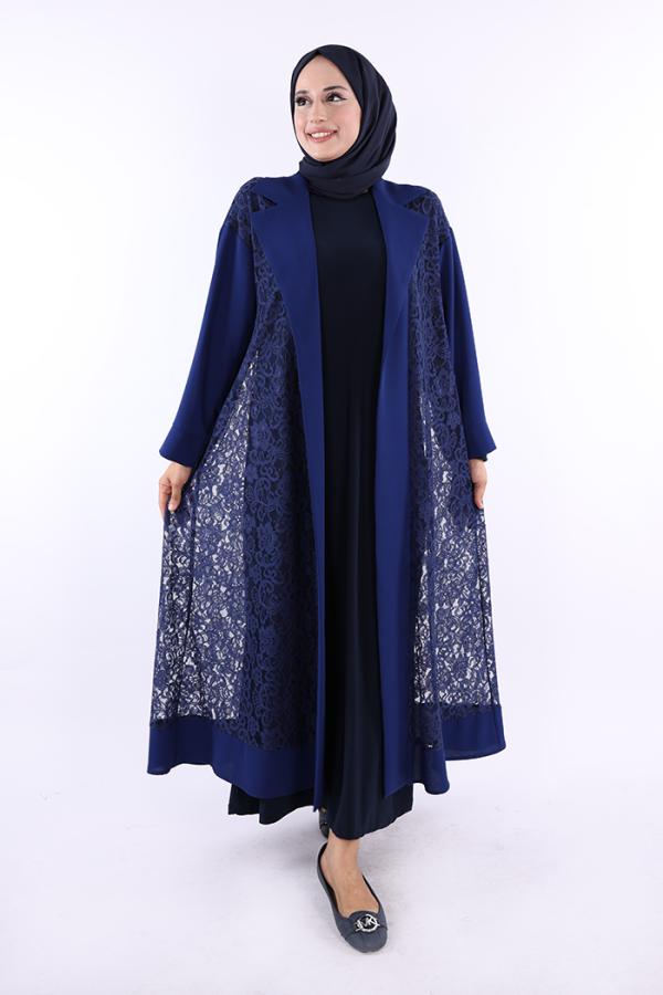 Yakalı Dantel Güpür Detay Abaya 7830 Lacivert - 1