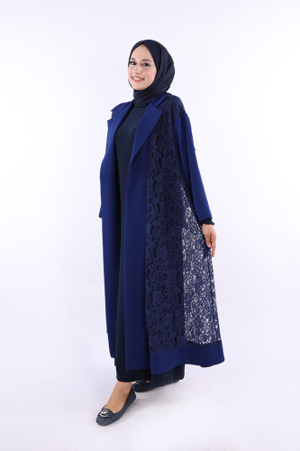 Yakalı Dantel Güpür Detay Abaya 7830 Lacivert - 2