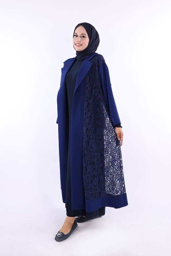 Yakalı Dantel Güpür Detay Abaya 7830 Lacivert - 2