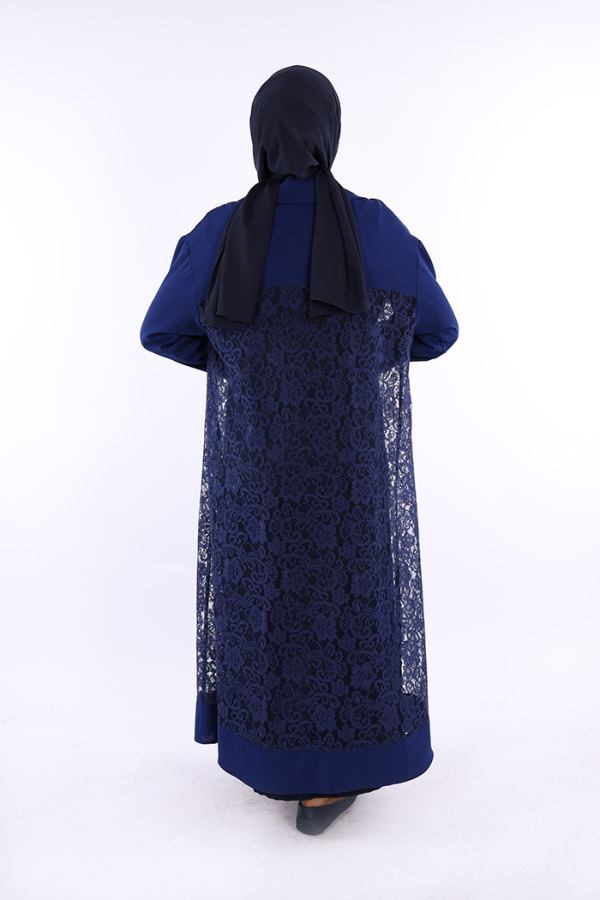 Yakalı Dantel Güpür Detay Abaya 7830 Lacivert - 3