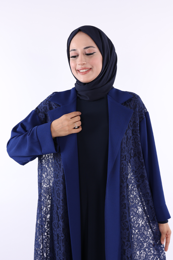 Yakalı Dantel Güpür Detay Abaya 7830 Lacivert - 4