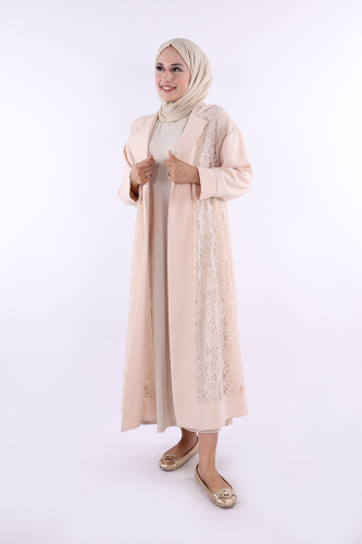 Yakalı Dantel Güpür Detay Abaya 7830 Taş 