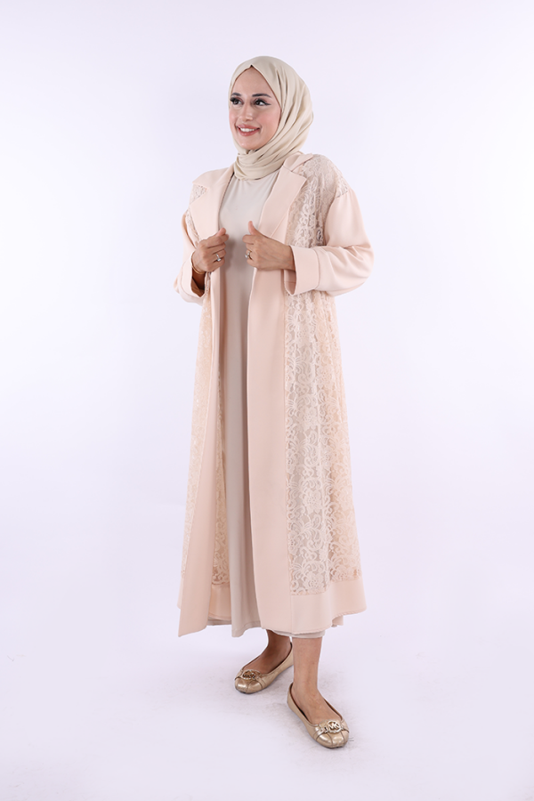 Yakalı Dantel Güpür Detay Abaya 7830 Taş - 1