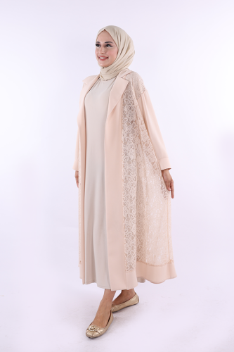 Yakalı Dantel Güpür Detay Abaya 7830 Taş - 2