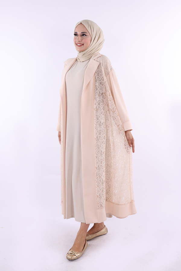 Yakalı Dantel Güpür Detay Abaya 7830 Taş - 2