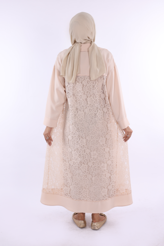 Yakalı Dantel Güpür Detay Abaya 7830 Taş - 3