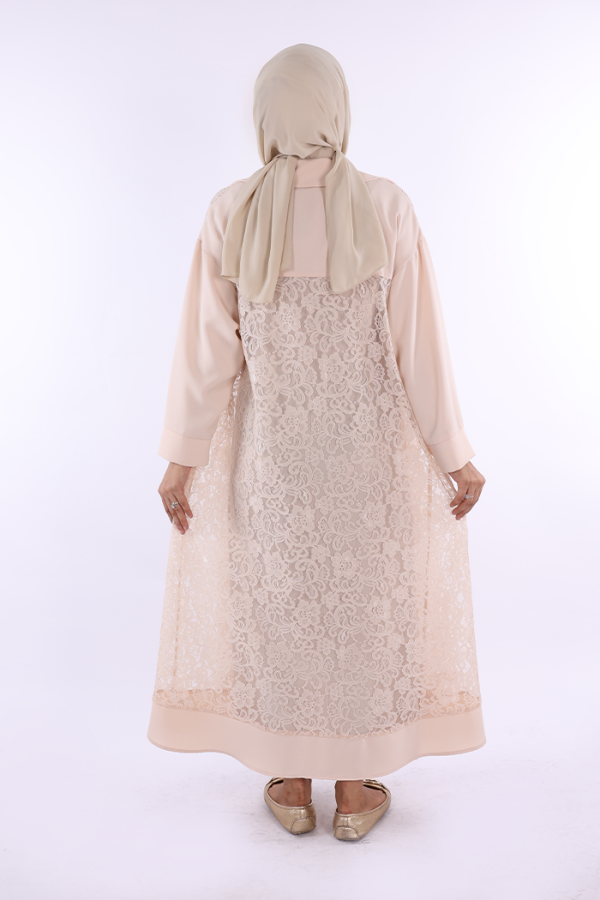 Yakalı Dantel Güpür Detay Abaya 7830 Taş - 3
