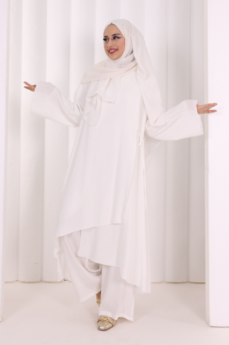 Yandan Bağlamalı Tunik Pantolon Takım 8008 Ekru