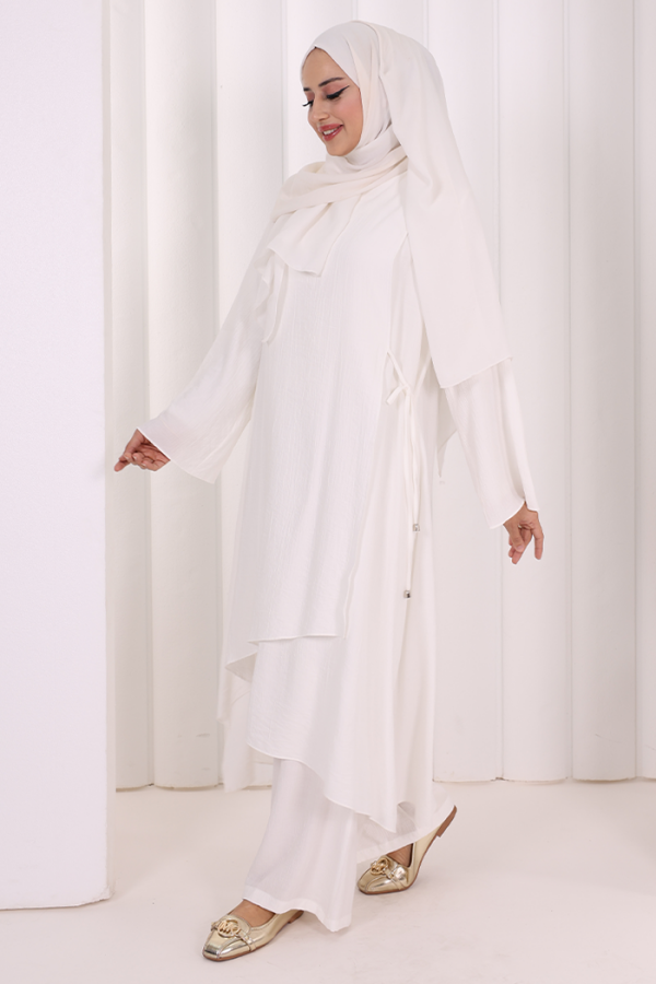 Yandan Bağlamalı Tunik Pantolon Takım 8008 Ekru - 3