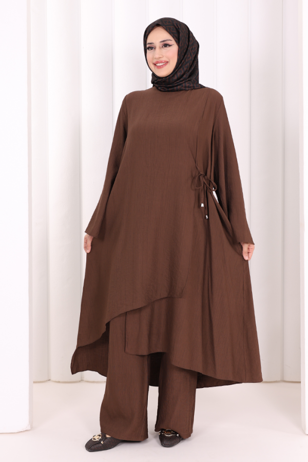 Yandan Bağlamalı Tunik Pantolon Takım 8008 Kahverengi - 1
