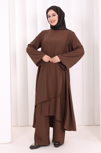 Yandan Bağlamalı Tunik Pantolon Takım 8008 Kahverengi - 2