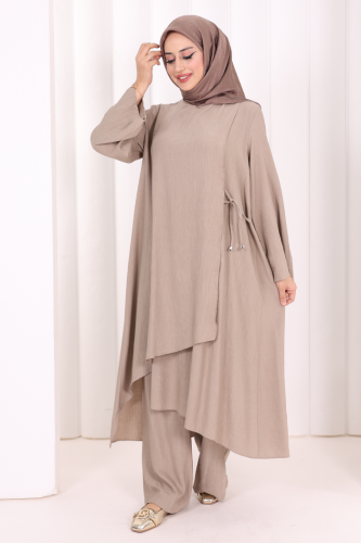 Yandan Bağlamalı Tunik Pantolon Takım 8008 Vizon - 2