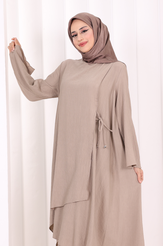 Yandan Bağlamalı Tunik Pantolon Takım 8008 Vizon - 4