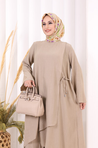 Yandan Bağlamalı Tunik Pantolon Takım 8008 Vizon - 5